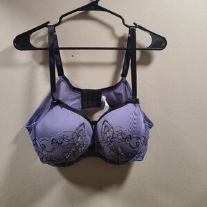 Cacique purple & black embroidered crossdyed floral lace LL plunge bra size 40C